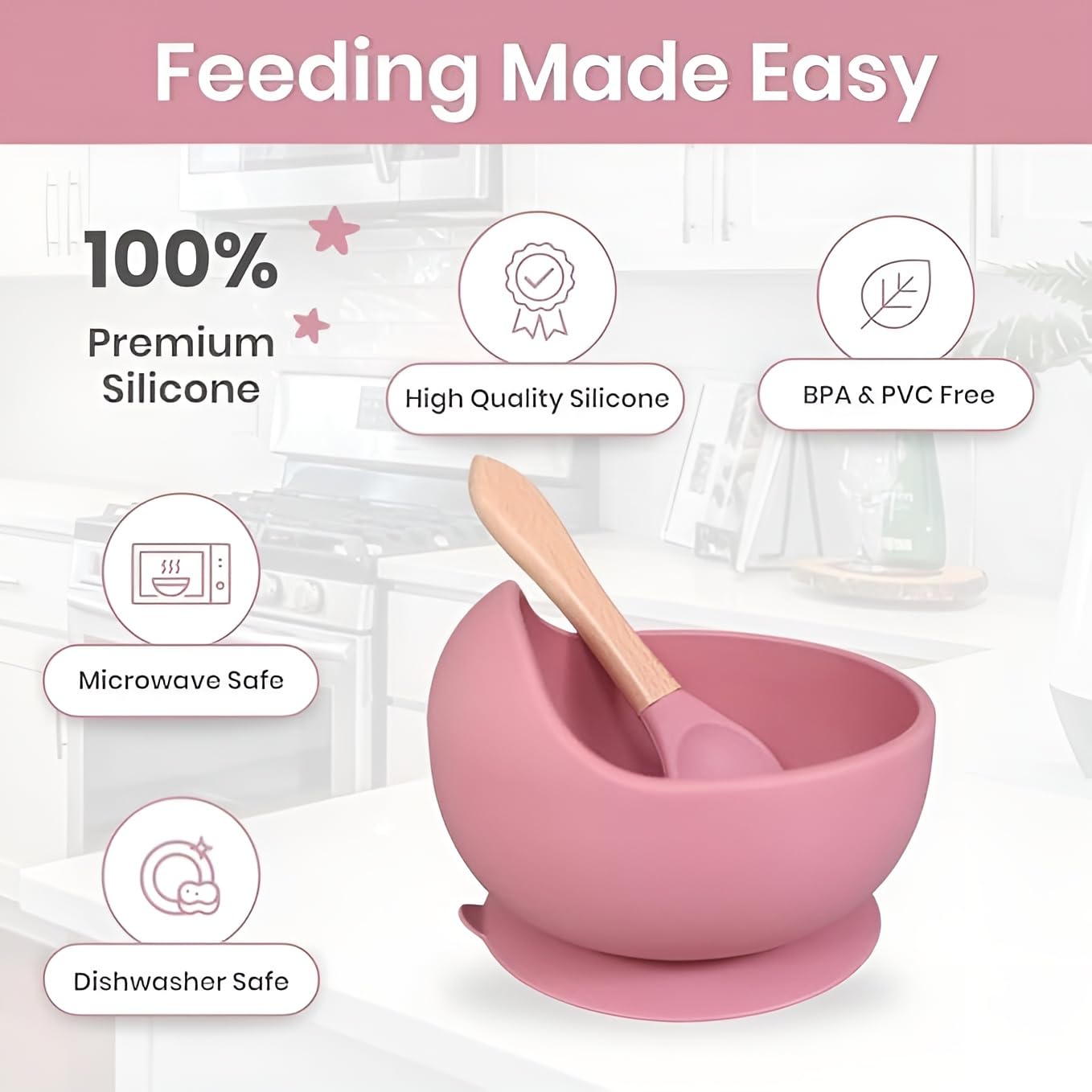 NOWFLY 2 Piece Microwave Friendly Silicone Baby Feeding Set - Bowl    - Spoon - Make Mealtime Fun and Easy for Your Little One - Portable and Diaper Bag Friendly - Baby Feeding Product (Pink) - Image 4 thumbnail
