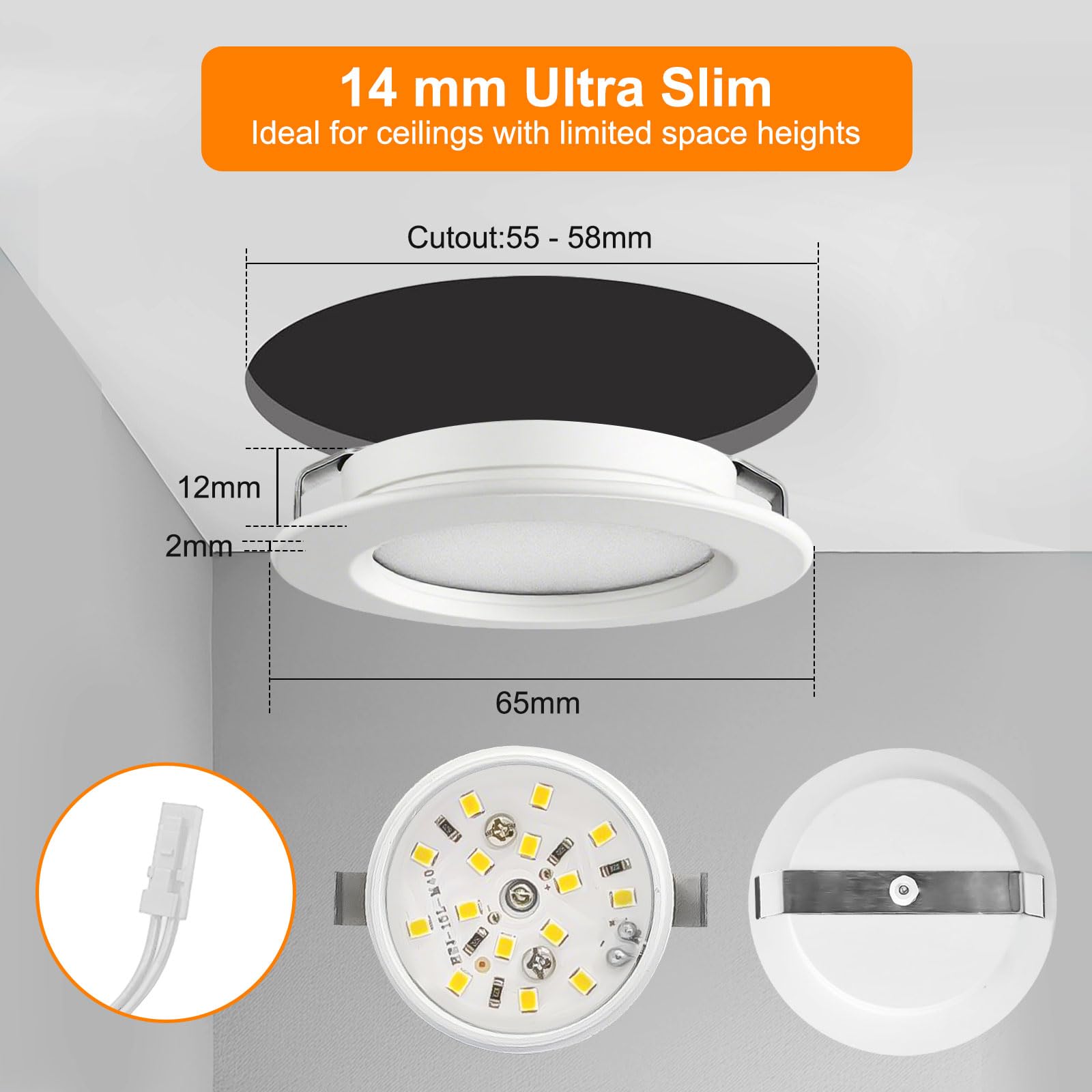 6er Set 12V LED Einbaustrahler Decke Dimmbar 3.5W 330lm Möbel Einbaustrahler 4000K Naturweiß Einbaustrahler LED Ultra Flach Bohrloch 55-58mm und 14mm Flache, IP44