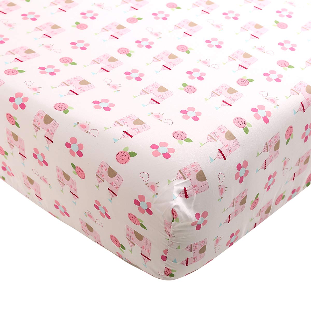 Brandream Pink Dreamy Castle - Juego de cama para cuna para niña | Juego de cama de 3 piezas de algodón floral | colcha de bebé, sábana bajera ajustable para cuna incluida