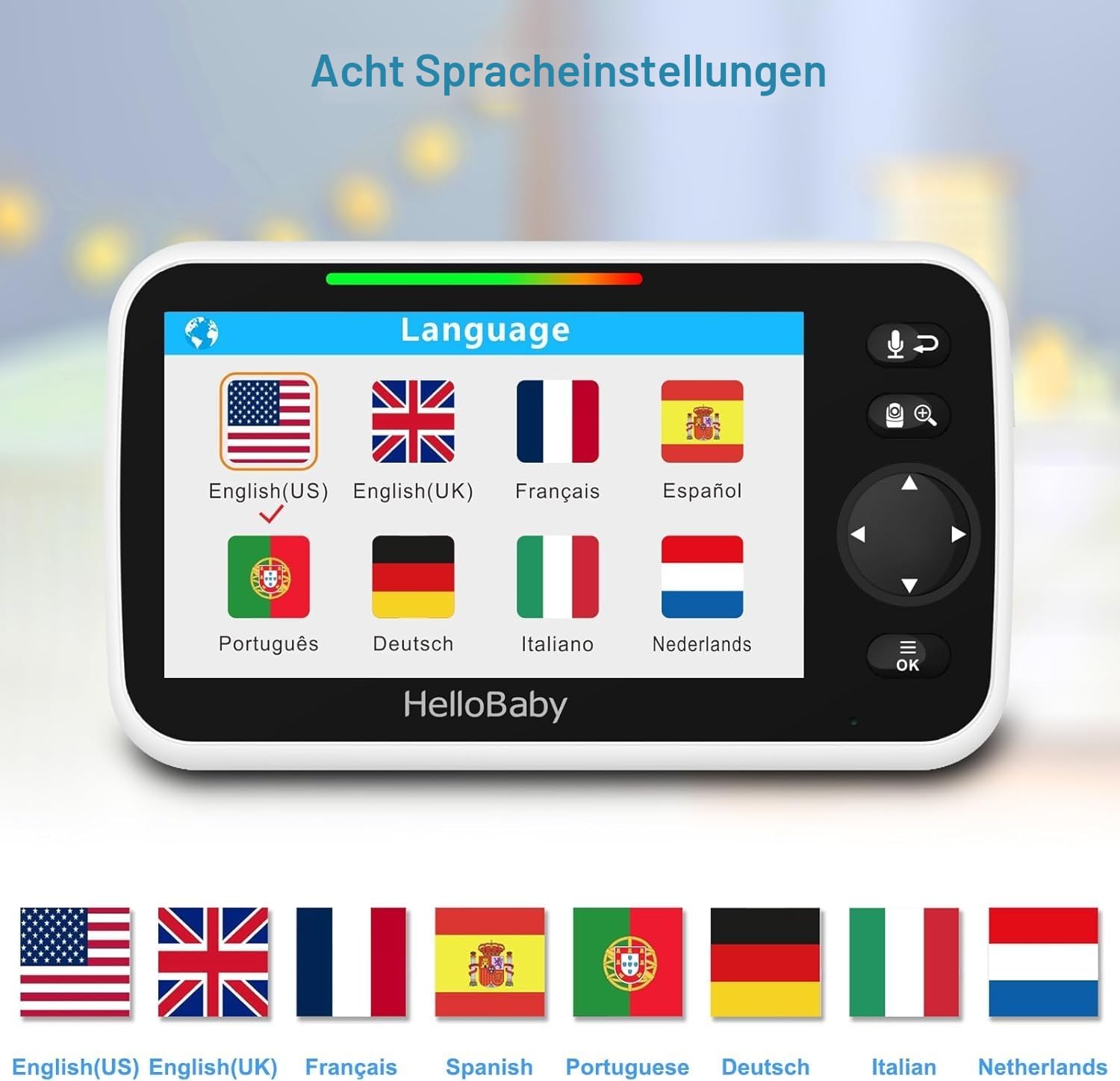 HelloBaby Monitor mit Kamera und Audio, 5-Zoll-Großbildschirm mit 3500-mAh-Akku, Ferngesteuerte Pan-Tilt-Zoom-Kamera, Zwei-Wege-Gespräch, ECO-Modus, automatische Nachtsicht, Reichweite bis zu 293 m