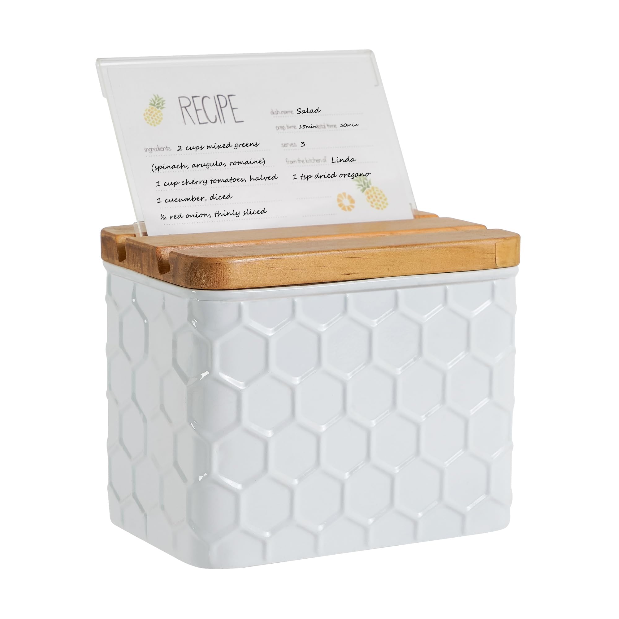 HOME PALETTE Recipe Box with Cards and Dividers Set 4x6 Recipe Holder for Kitchen Counter Metal White Honeycomb Pattern Embossed Recipe Card Box with Wooden Grooved Lid