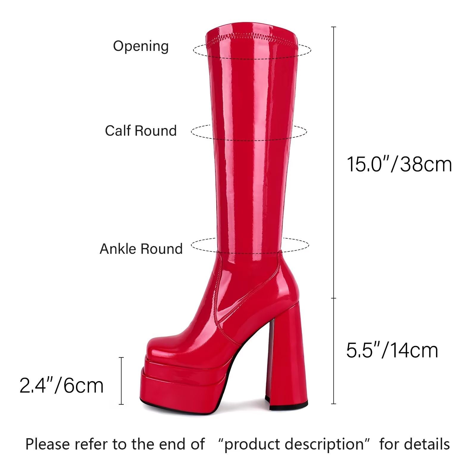 wetkiss Platform Knee High Boots Women Chunky Heel Gogo Boots with Full Side Zipper-Stretchy Party Festival Boots for Cosplay, Costume, Halloween & Costume Events-Not for Wide Calf: 9 Patent Red