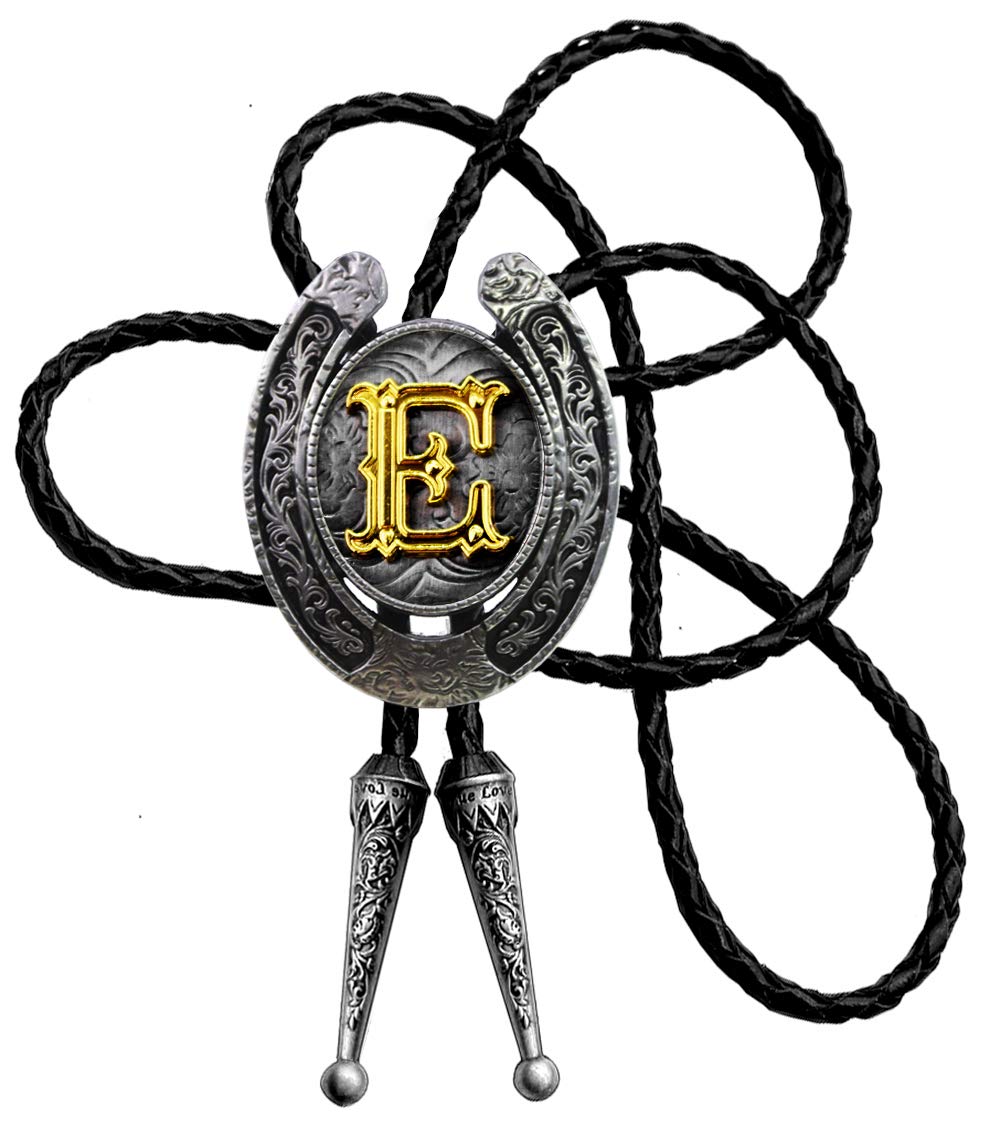 Moranse Bolo Tie Golden Initial Letter A to Z In Western Cowboy Horseshoe Style with Cowhide Rope Necktie