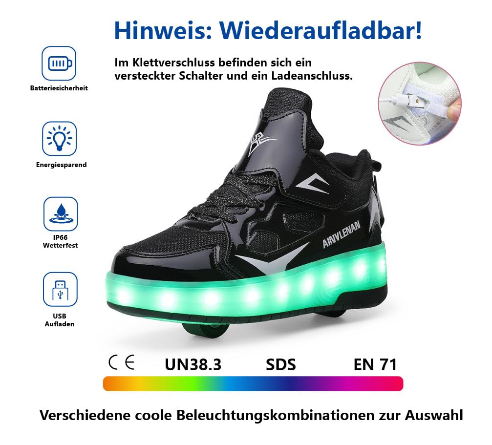 Sneaker per Bambini,Scarpe da Skateboard a Due Ruote,Luce a Cambio Colore Regolabile,Ricarica USB,universali per Ragazzi e Ragazze,Nero Rosa Oro Argento 27–40 EU