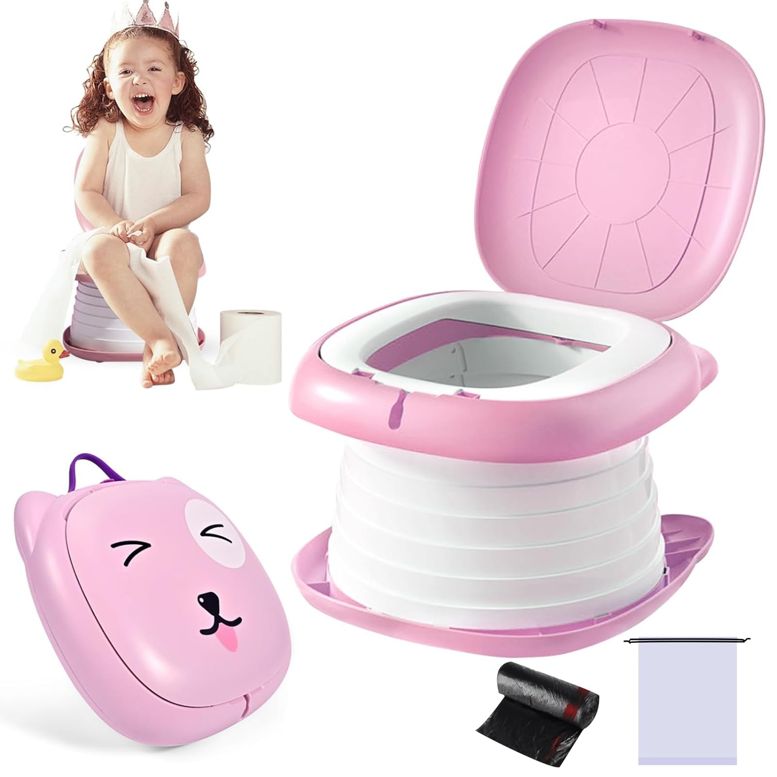 U-HOOME Portable Potty Training Seat for Toddler Travel,Toilet Potty Chair Potty Training Toilet Seat with Storage Bag Emergency Folding Toilet Toddler Travel Potty Seat Home Car Camping Use (Pink)