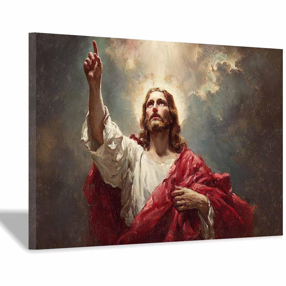 ZAMAEIU Jesus Canvas Wall Art Pointing to thes sky Christian Painting Print for Bedroom Living Room Bathroom Home Wall Decor Church Decor(white)-80x120cm Framed