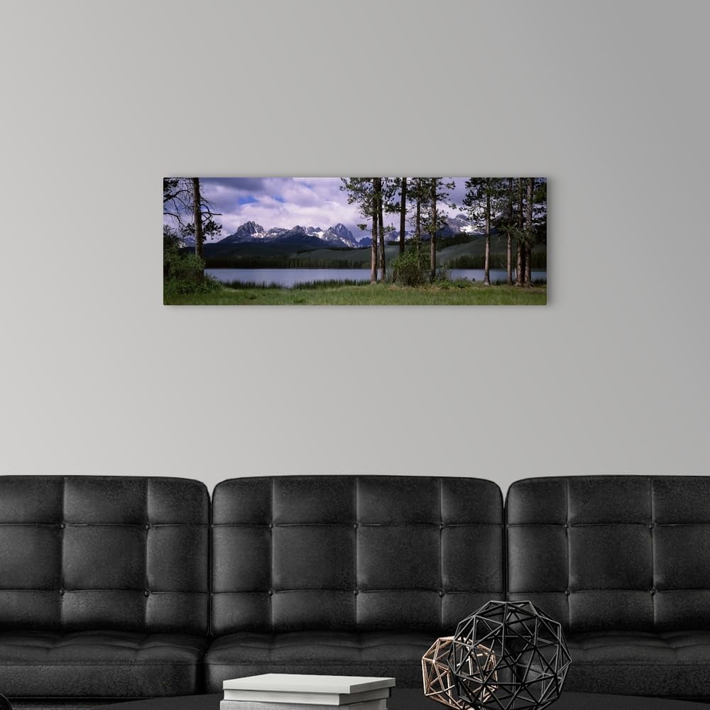 CANVAS ON DEMAND Trees At the Lakeside with Mountains in the Background Little Redfish Lake Sawtooth National Recreation Area Custer County Idaho Canvas Wall Art Print, Home Decor, United States Artwork,36"x12in "