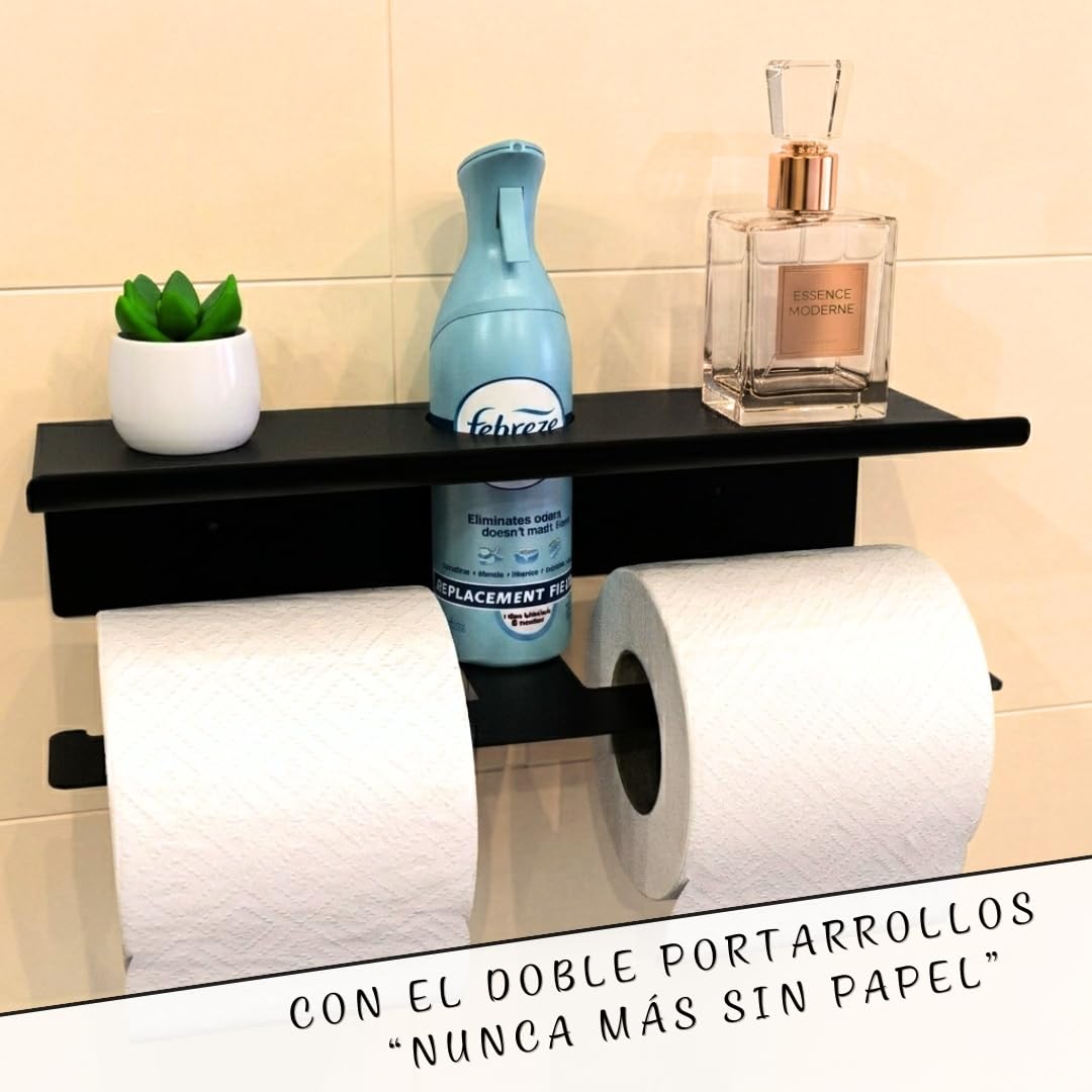 Accesorios Baño sin Taladro - Set de Baño 4 Piezas (Portarrollos Doble con Balda, Toallero y 2 Ganchos) - Accesorios Baño Negro Mate Texturizado - Kit de Instalación Incluido para un Montaje Sencillo