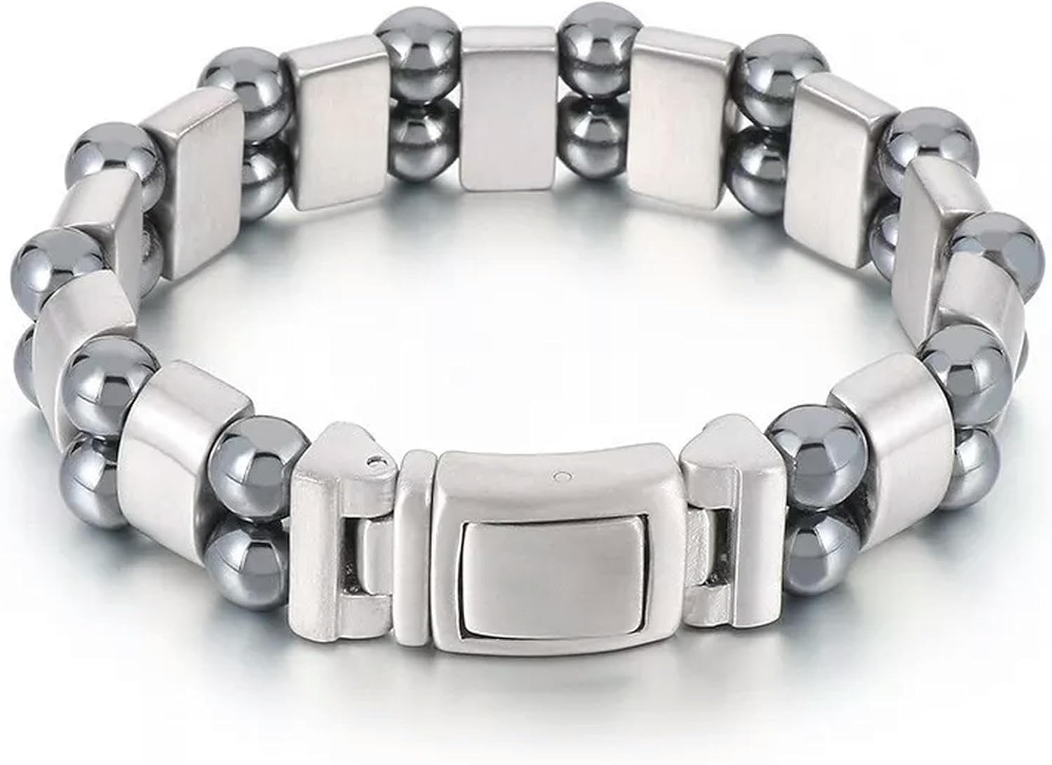 Cool Double Gray Iron Stone Bead Stainless Steel Link Chain Bracelet 15mm 8.26''