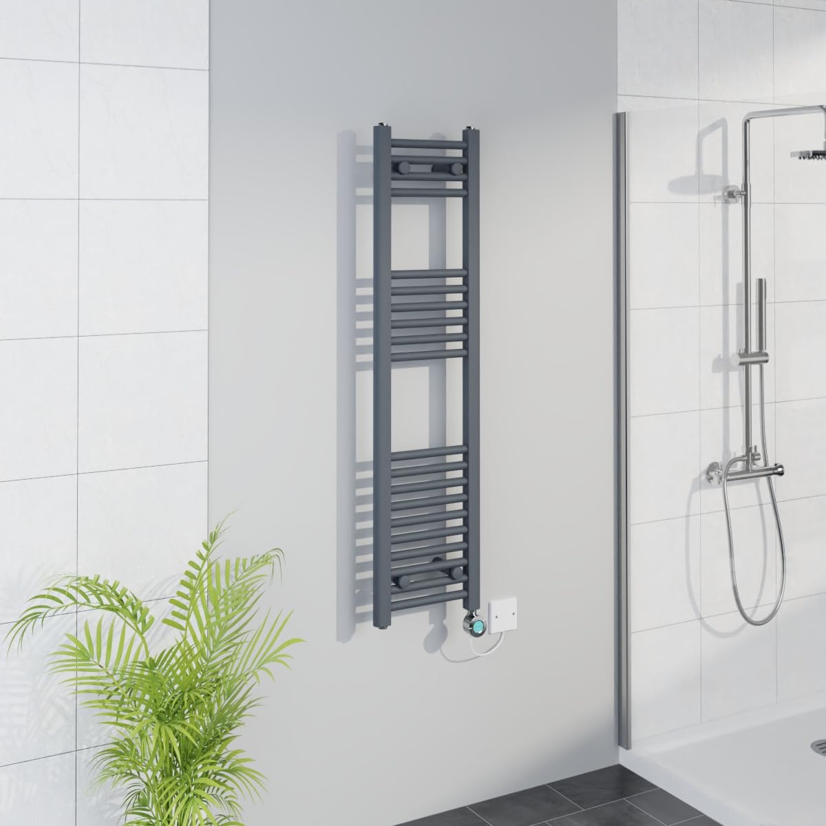 Warmehaus Smart WiFi Thermostatic Electric Bathroom Straight Heated Towel Rail Warmer Radiator with Timer 1200x300mm - Anthracite - Chrome Heating Element