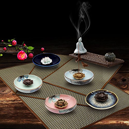 Trendbox Ceramic Handmade Artistic Incense Holder Burner Stick Coil Lotus Ash Catcher Buddhist Water Lily Plate - One Hole Blue #TOP5