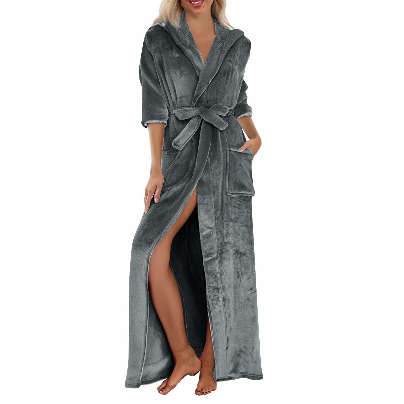 Accappatoio Donna In Flanella Con Cappuccio E Tasche Vestaglia Invernale | Kimono Con Cintura Regolabili Loungewear A Manica Lunga Camicia Da Notte Donna Comoda Pesante Caldo Sleepwear Loungewear
