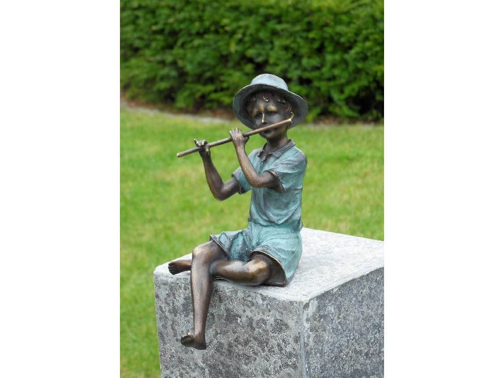 Generisch Bronze-Skulptur Junge | Kantenhocker | mit Querflöte | 12x10x20cm | Jungenfigur aus Bronze | handgefertigt