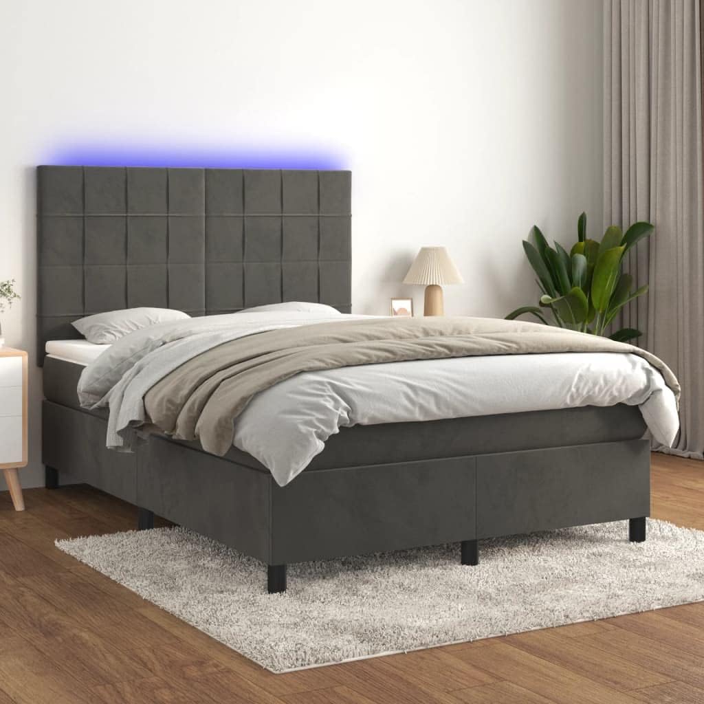 Store Brand Queen Box Spring Bed with Mattress & LED, Dark Gray Velvet, 76" x 46.5" x 56.7"