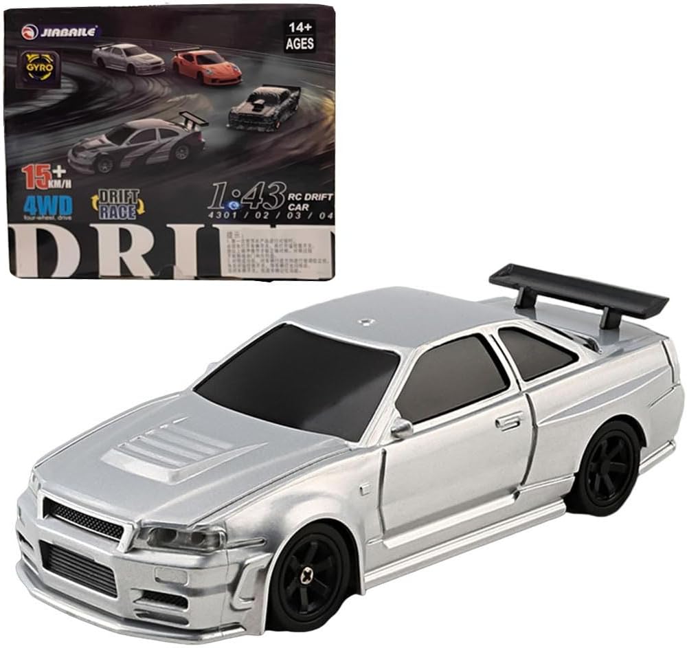 FunXylophy RC Sport Racing Drift Car, 1/43 Scale 2.4G 15KM/H Full Proportional RC Electric Mini Racing Drift Car Model with Lights Kit and Drift Tires (Silver Gyroscope RTR Version)
