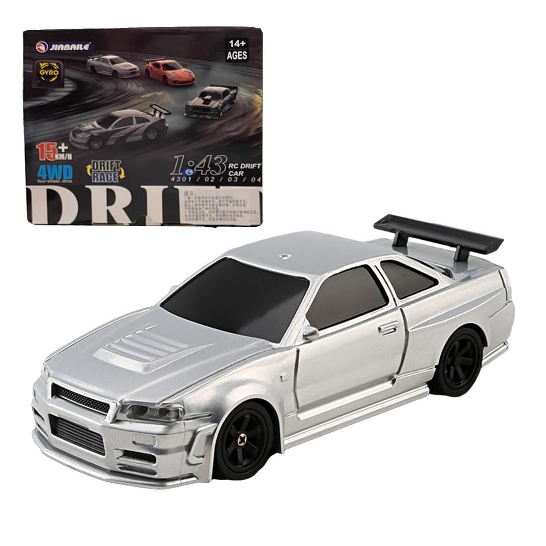 RC Sport Racing Drift Car, 1/43 Scale 2.4G 15KM/H Full Proportional RC Electric Mini Racing Drift Car Model with Lights Kit and Drift Tires (Silver Gyroscope RTR Version)