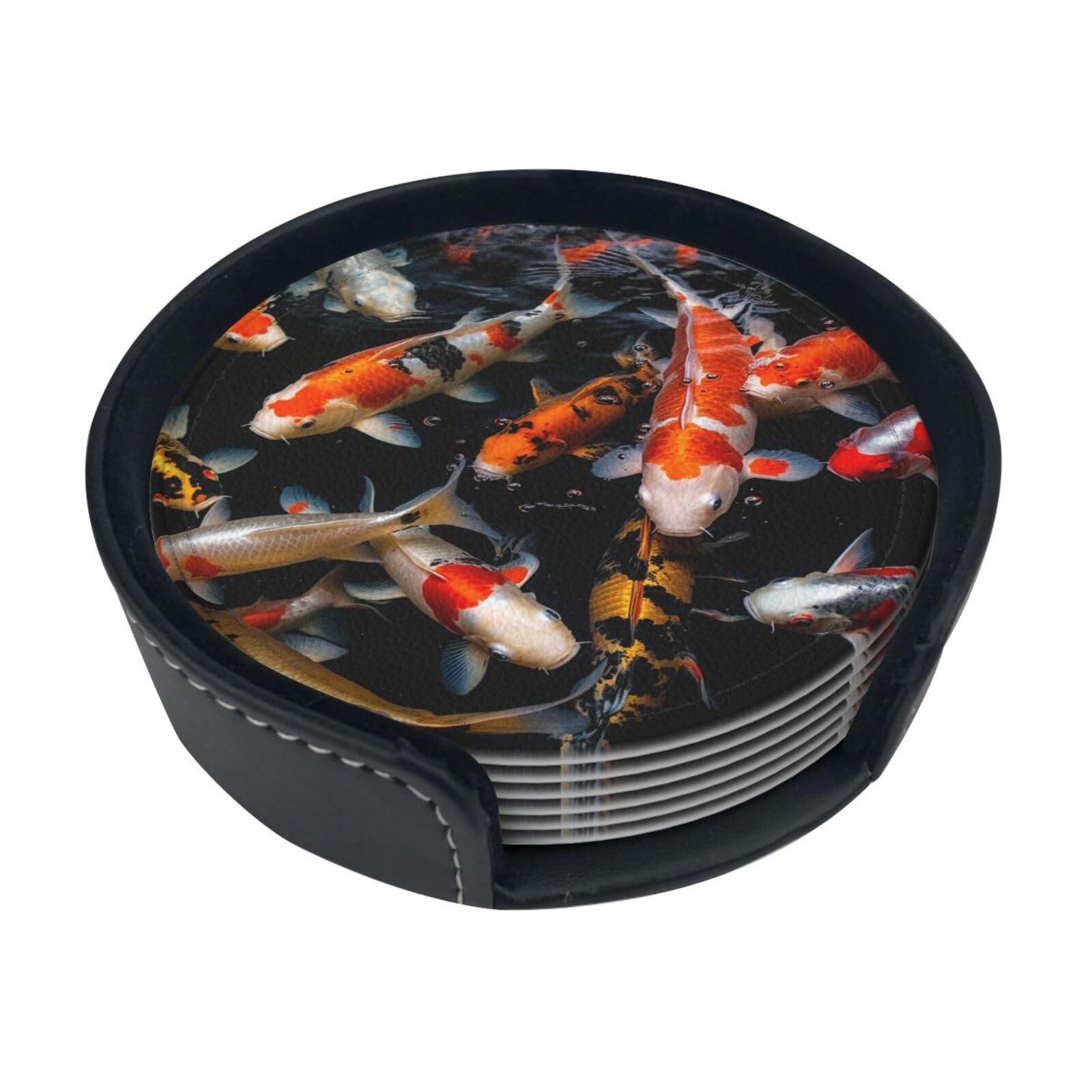 Fjwslch White Japan Fancy Koi Carp Fishes Leather Coasters For Drinks Round Coaster Set Of 6 Drink Coasters Set With Holder Heat-Resistant Cup Mat For Tabletop Protection Tea Cup Coasters Home Decor