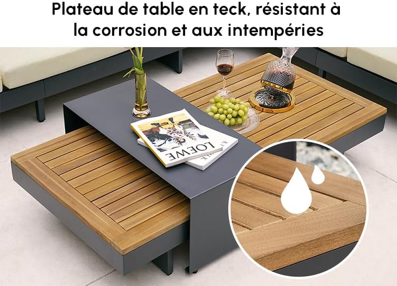 A teak tabletop with water droplets, illustrating its resistance to corrosion and weather.