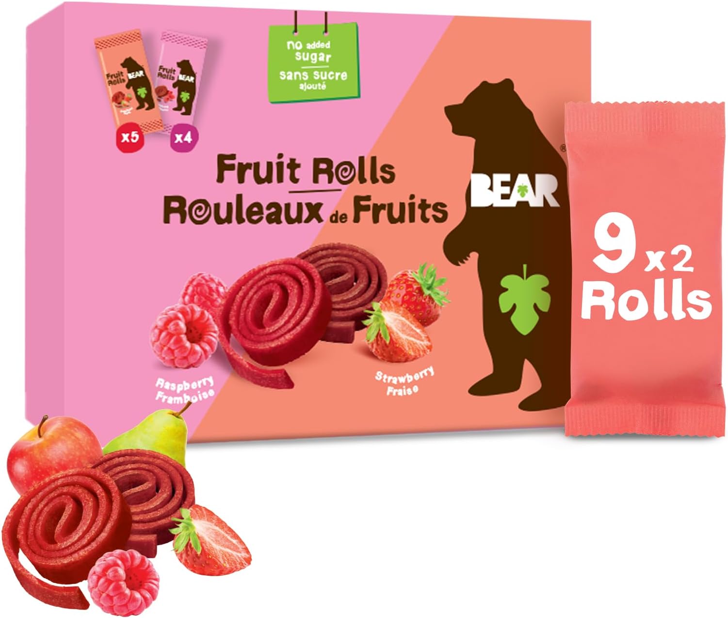 BEAR Fruit Rolls Strawberry & Raspberry Variety | 100% Natural Ingredients | No added sugar | Healthy School And Lunch Snacks For Kids And Adults | 9 x 20g