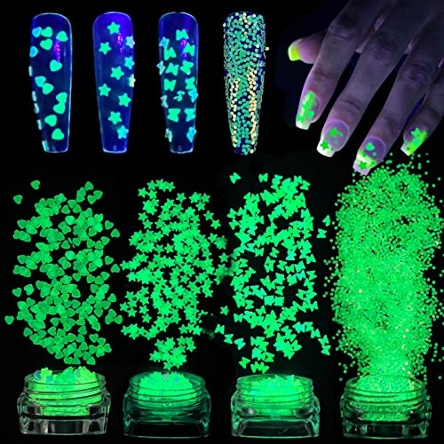 4 Boxes Luminous Nail Art Glitters Glow In The Dark Holographic Nail Sequins Butterfly Star Heart Shape Nail Glitter Nail Sparkle Sequins For Body Face Glitters Acrylic Nail Halloween Nail Decorations #TOP24