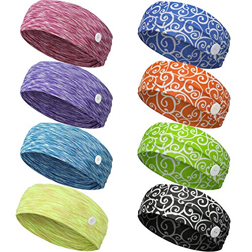 8 Pieces Headbands with Buttons Elastic Button Headbands Non-Slip Yoga Sports Hairbands with Buttons Stretchy Ear Protection Holder Headbands for Adults Face Coverings Outdoor Activities