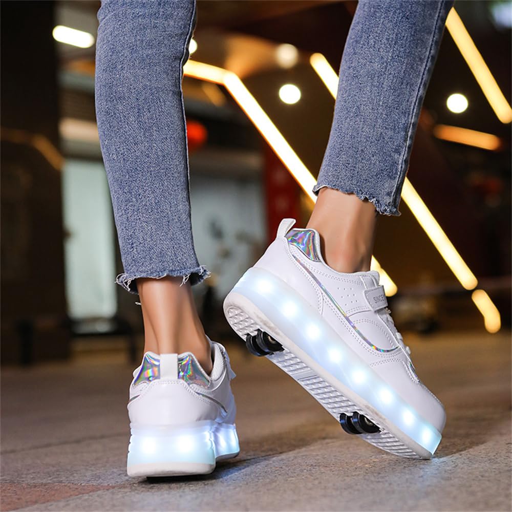 Mateju Zapatos con Ruedas Niñas Niños, Zapatillas con 4 Ruedas Ajustables, Zapatillas de Skateboarding Brillando Zapatillas de Correr al Aire Libre 2 en 1 para Niños y Adultos