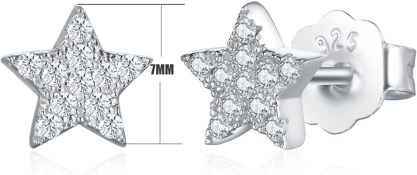 925 Sterling Silver Stud Earrings, BoRuo Crescent Moon, Star, Sun High Polish Tarnish Resistant Earrings