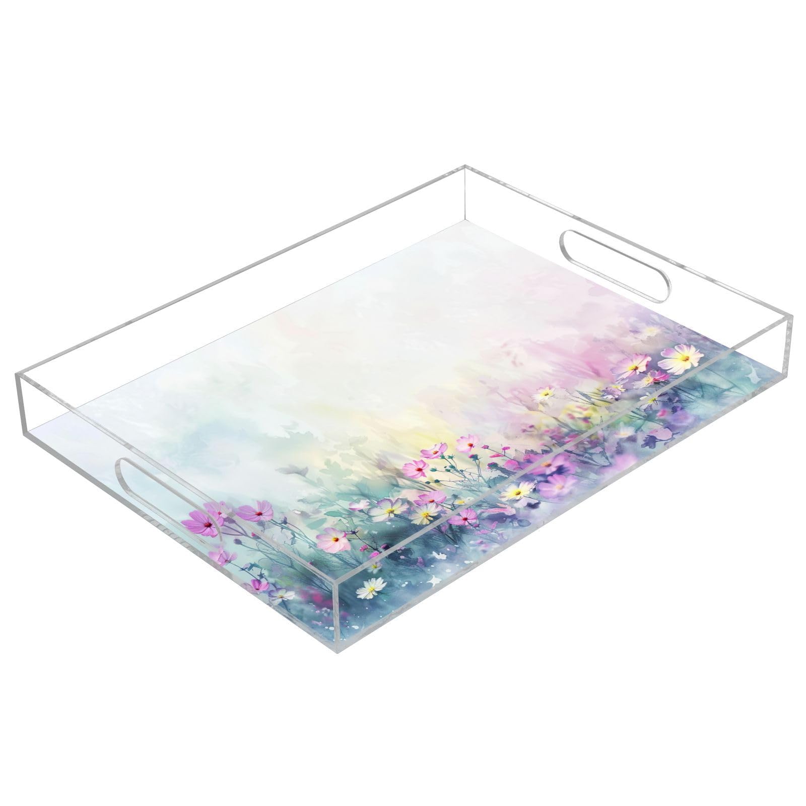BOESI Doodle Colorful Flower Pattern Acrylic Decorative Dining Tray, Acrylic Decorative Tray Organizer with Handle for Kitchen, Dining Room, Bathroom, Dresser