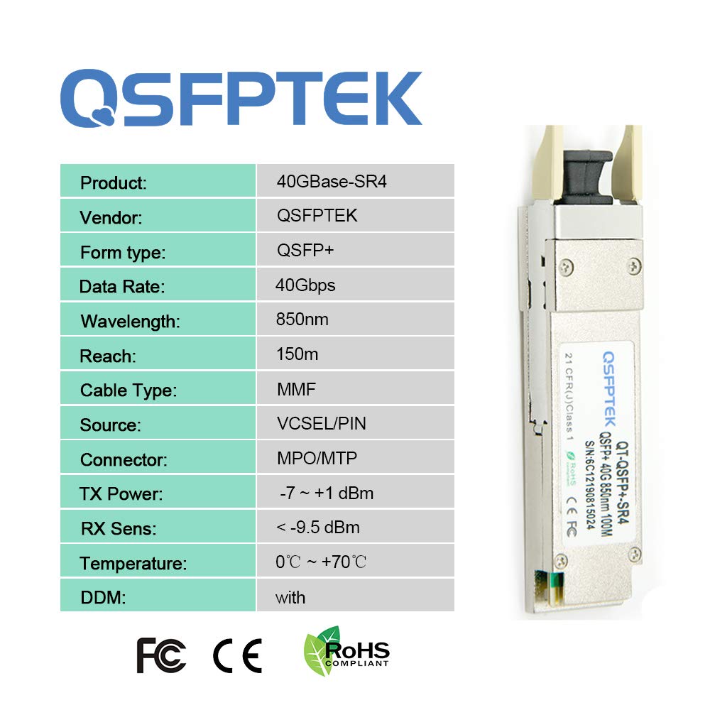 QSFPTEK 40G QSFP+ Module MTP/MPO Multi-Mode Transceiver 40GBASE-SR4 for Cisco QSFP-40G-SR4 (850nm, 150m, with DDM)