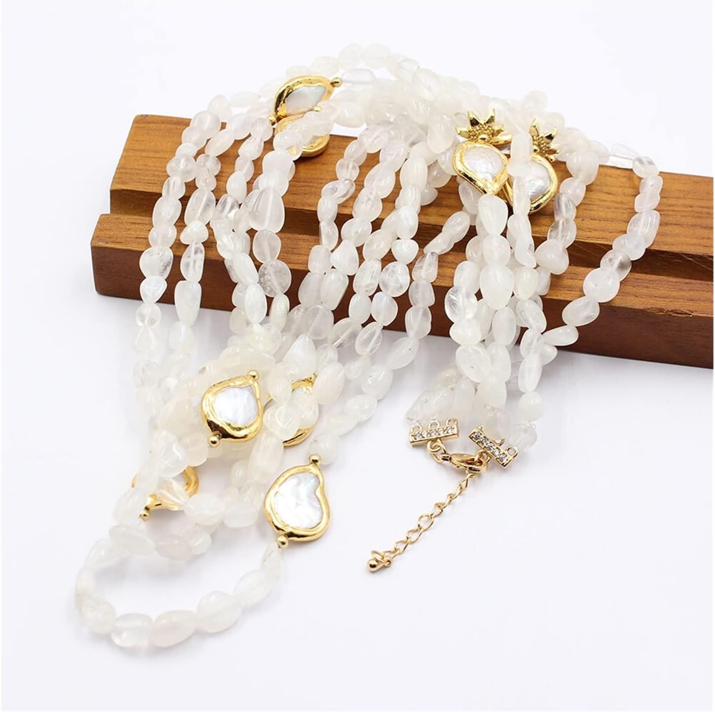 LAnGSHAW Natural 5 Strands Freedom Moonstone Cultured Teardrop White Coin Pearl Necklace Handmade for Women