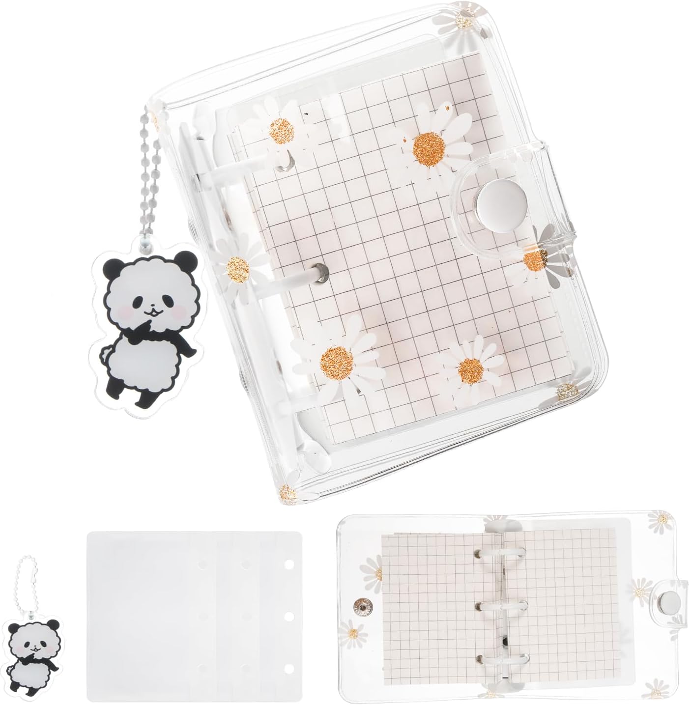 Mini Binder Pockets, UHOMENY Transparent 3-Ring Binder Covers Clear PVC Notebook Creative Cute 3-Hole Refillable Loose Leaf with Note Tabs Internal Grid Pages Storage Bags Daisy Flower Pendant