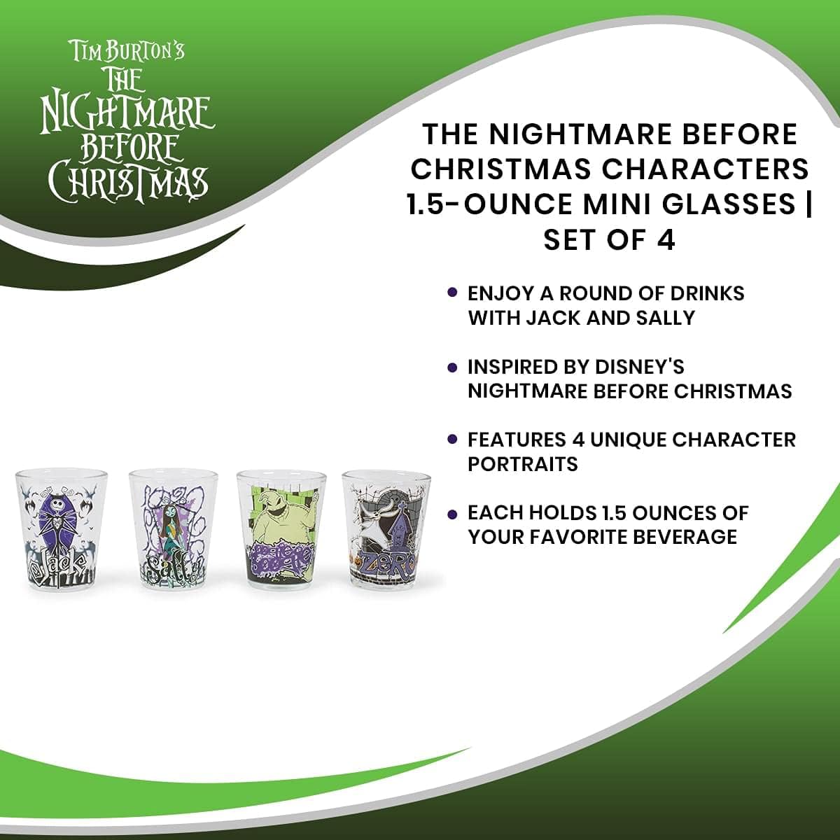 Silver Buffalo Disney Nightmare Before Christmas Featuring Jack Skellington, Sally, Oogie Boogie, and Zero 4 Pack Mini Glasses, 1.5 Ounces - Image 7