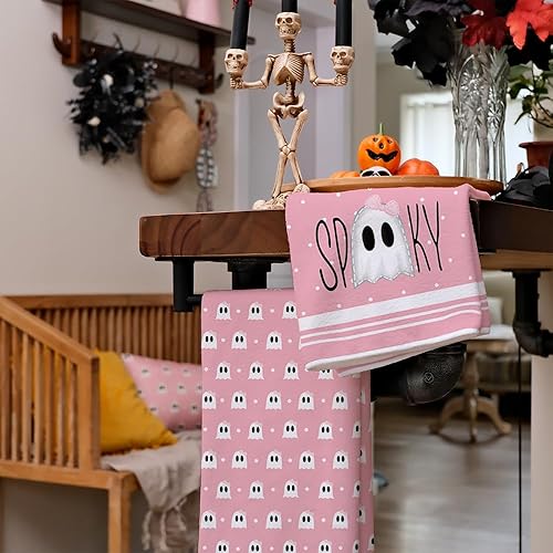 Miniatura 2 de ARKENY Juego de 2 paños de cocina de Halloween, diseño de fantasma rosa con lazo de 18 x 26 pulgadas, decoración del hogar de granja AD112