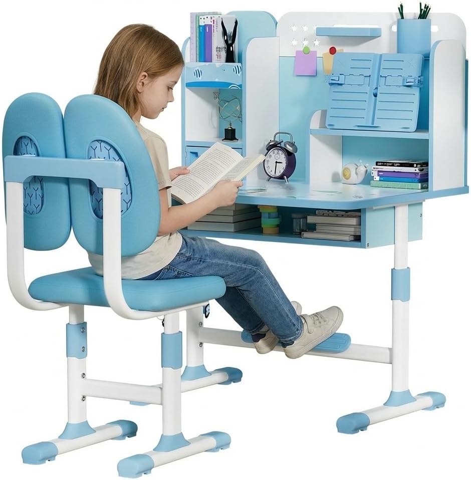 Height Adjustable Kids Study Desk and Chair Set, Ergonomic Student Table and Chair with Sitting Corrector, Book Stand Storage Drawer Footrest, Adjustable School Desk Set for Ages 3–18 (Blue)