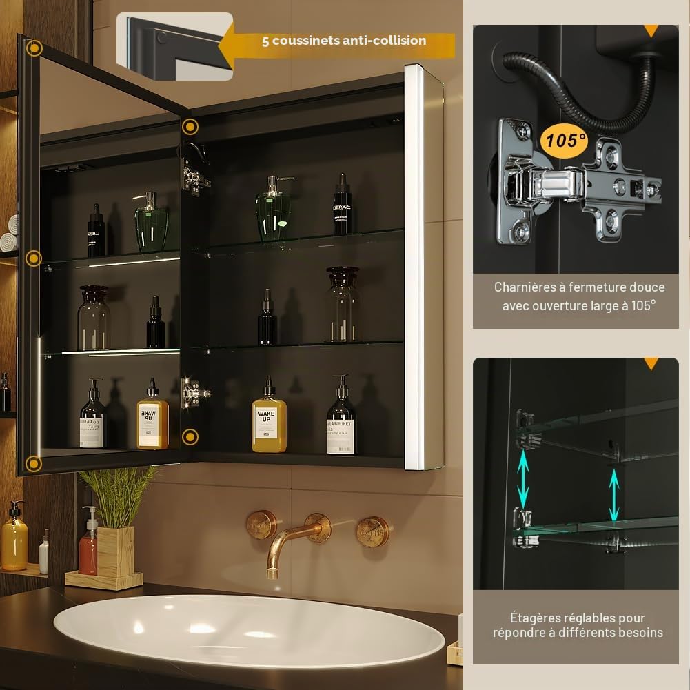 KWW LED éclairage Salle de Bains Armoire à Pharmacie avec Miroir, Température de Couleur réGlable, Anti - Buée Gradateur, Prise et USB, Armoire à Pharmacie Miroir Mural (Charnière gauche-55×70)