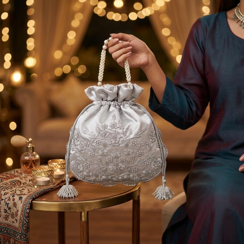 Amayra Luxe Potli Desinger Bags | Jute Handbags for women | Embroidered Women Potli | Ladies Shagun Pouches for Festive Seasons | Batwa Bag | Bridal Purse With Embroidery for Wedding (Silver) 2