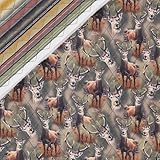 Mook Fabrics Double Faced Quilted Cotton (43'' Wide), White Tail Deer/Stripes Multi Dark Cut by The Yard