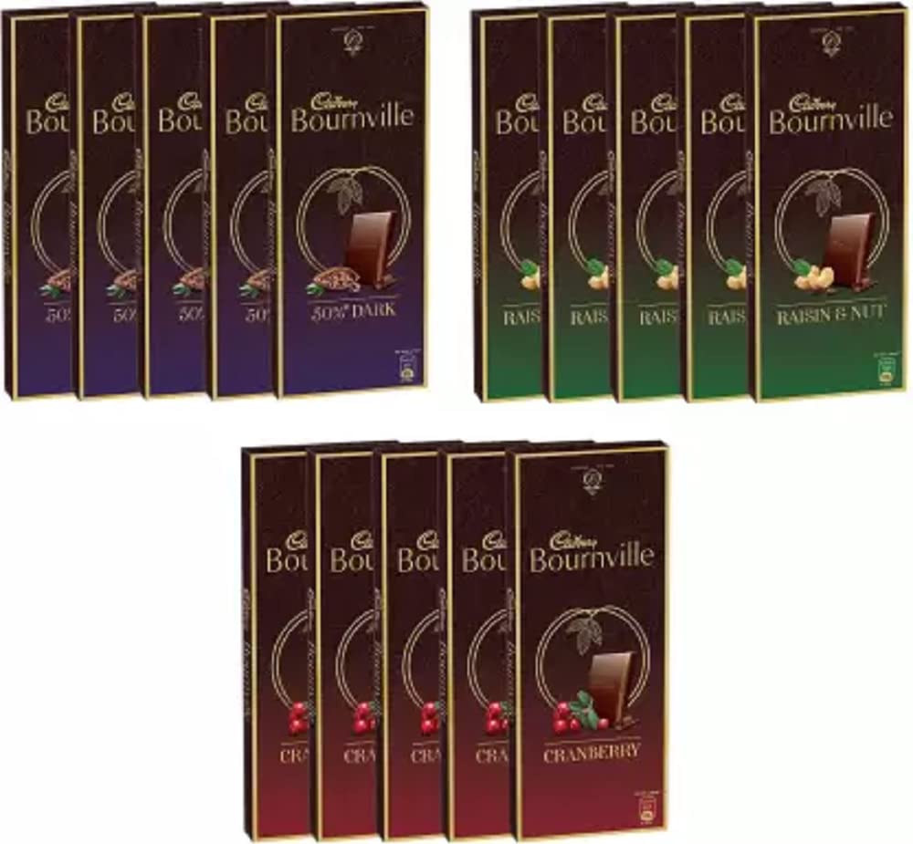Cadbury Bournville Dark Chocolate, Pack of 15 ( Rich Cocoa 80 grams X 5 + Raisin & Nut 80 grams X 5 + Cranberry 80 grams X 5) Bars (15 x 80 grams) Bars (15 x 80 grams)