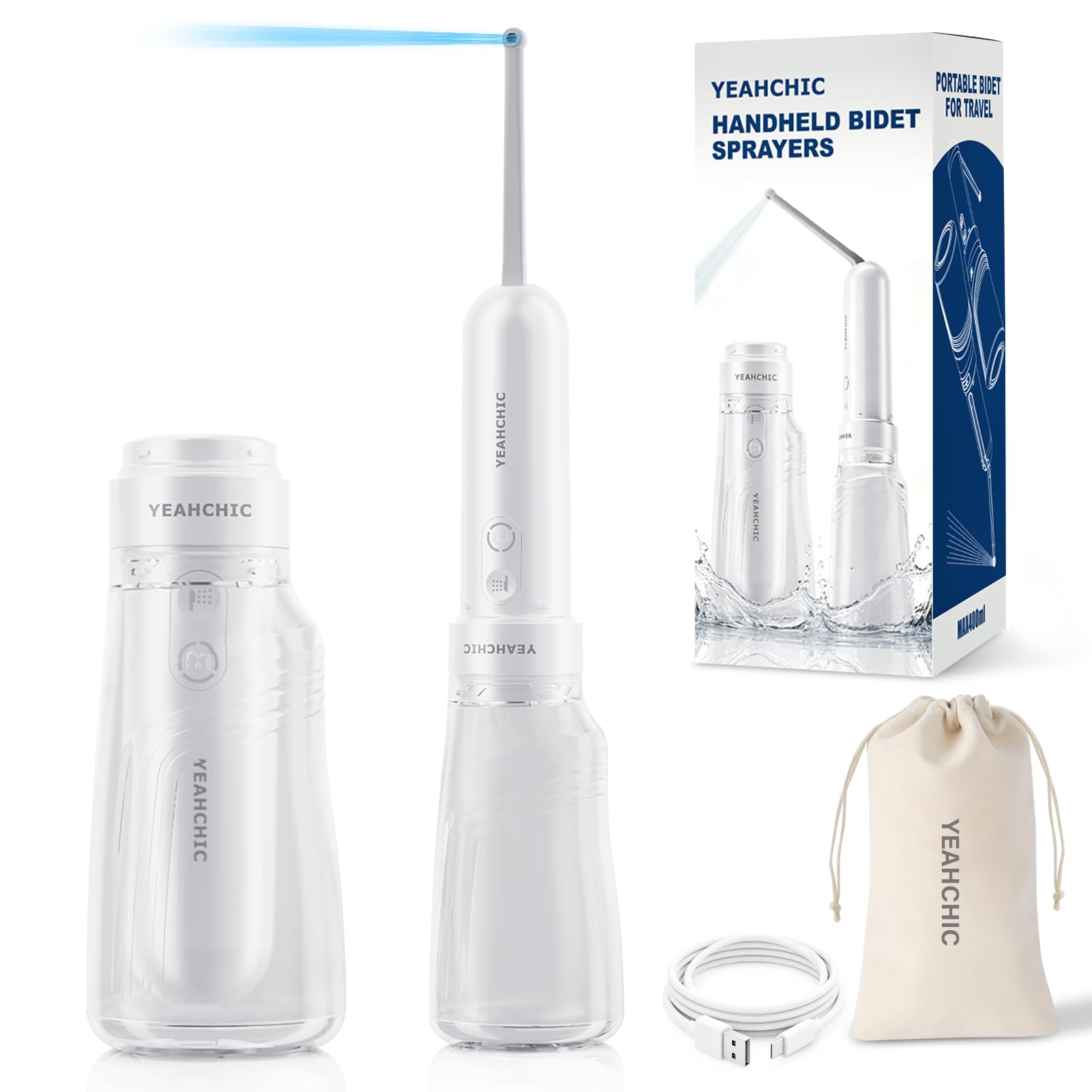 Bidet portatile da viaggio, ricaricabile tramite USB-C, 3 modalità, 400 ml, spruzzatore impermeabile + 2 ugelli, bidet portatile per bambini, bidet da uomo, bidet da viaggio per donne