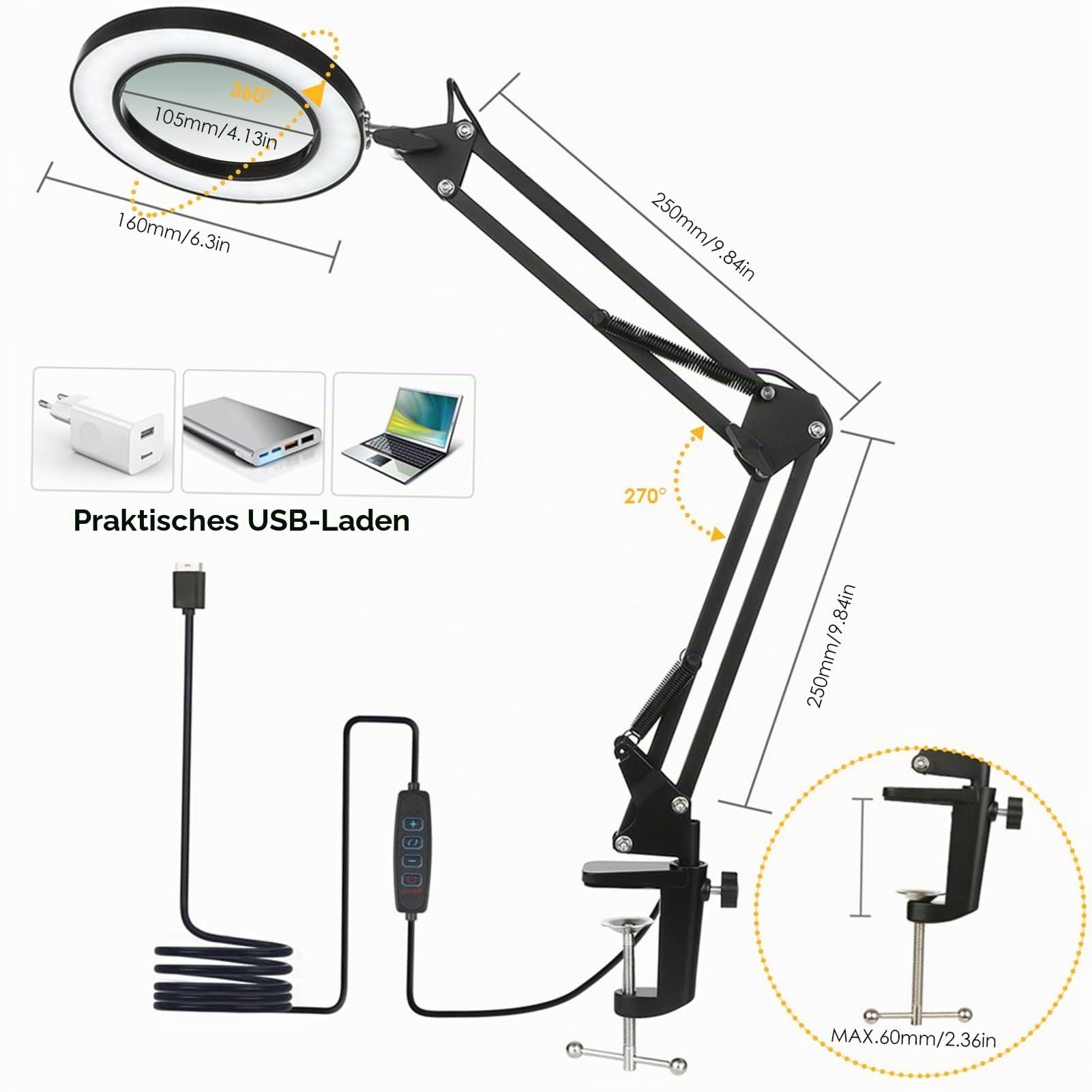 Neoglint Lupe mit Licht,Lupenlampe 8-fache Lupe,64 Dimmbare LED,12W 1200LM,3 Farbmodi,10 Helligkeitsstufen,Schwenkarm und Klemme,Lupe mit Licht und Ständer Kosmetiklampe Led Lupenleuchte-Klein Schwarz