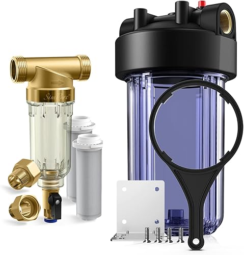 SimPure Filtro de sedimento giratorio DC5P 100500 micras y carcasa de filtro de agua transparente DB10C para toda la casa