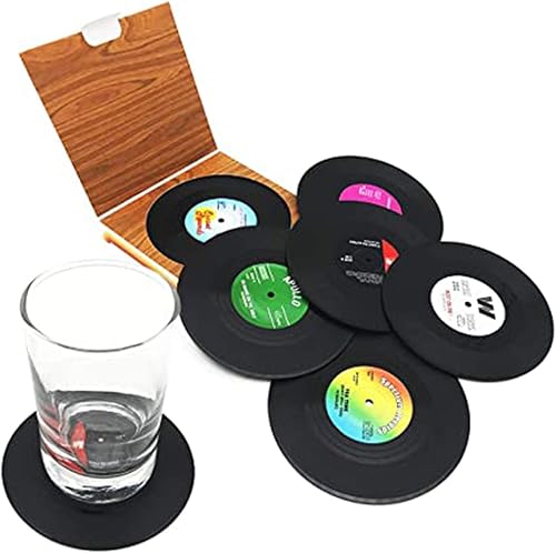 Miniatura 3 de Juego de 6 posavasos para bebidas con caja de regalo, discos de vinilo retro, juego de 6 posavasos antideslizantes y perfectos para decoración de
