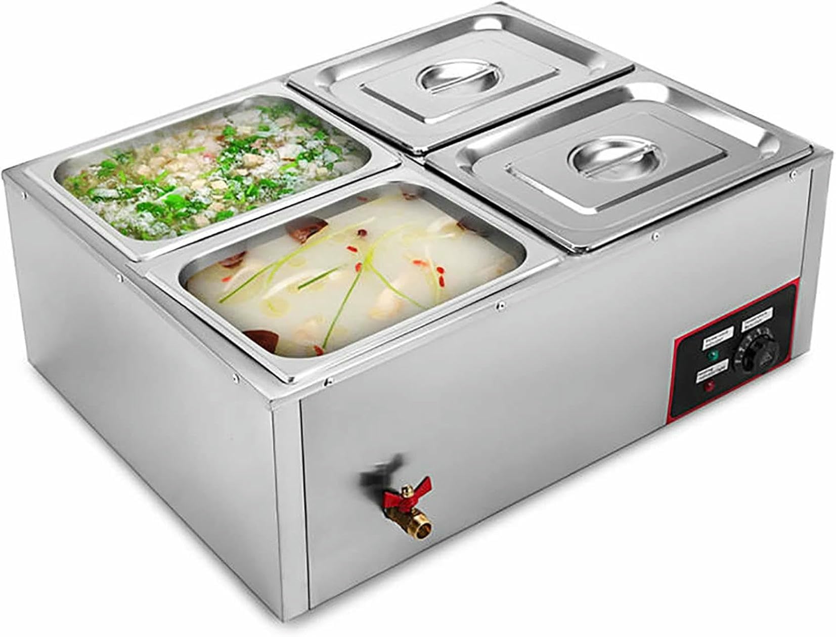 Calentador de plataforma profesional - Mesa de vapor eléctrica de 850 W y 34 litros con 4 contenedores para restaurantes y servicios de catering - Buffet profesional de acero inoxidable con cuello