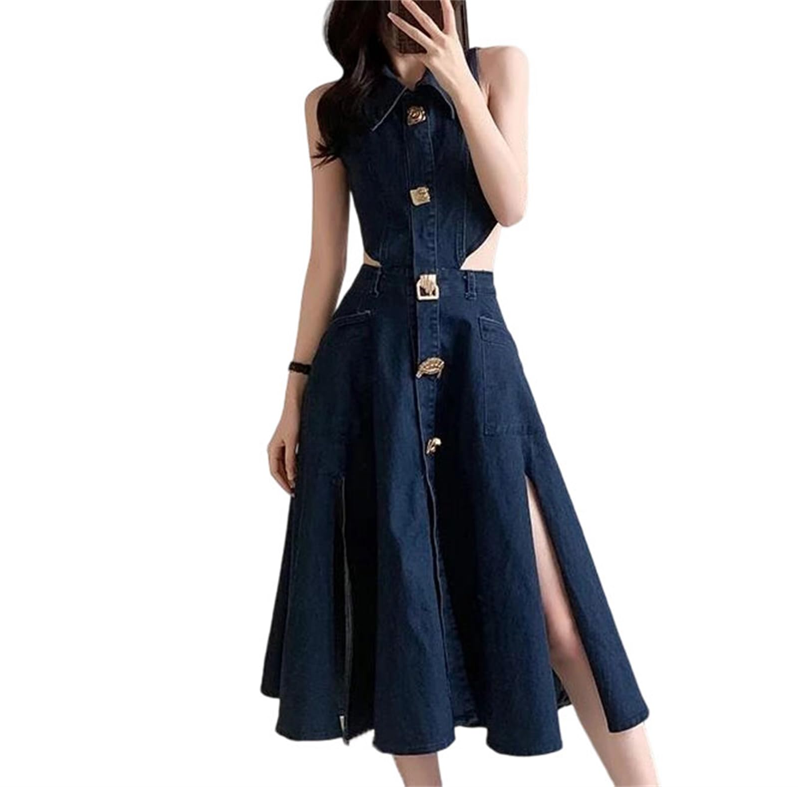 Vestido de mezclilla para mujer, cuello vuelto, cintura alta, casual, vestido de verano