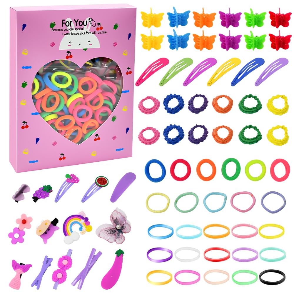 Byfoyif 845 Stück Mädchen Haarschmuck Set, mit 600 Einweg-Haargummis 200 bunte Kinder-Haarbänder mit Cartoon-Motiven 15 Haarspangen mit Schmetterlingsmotiven 29 bunte Haarspangen 1 Schachtel