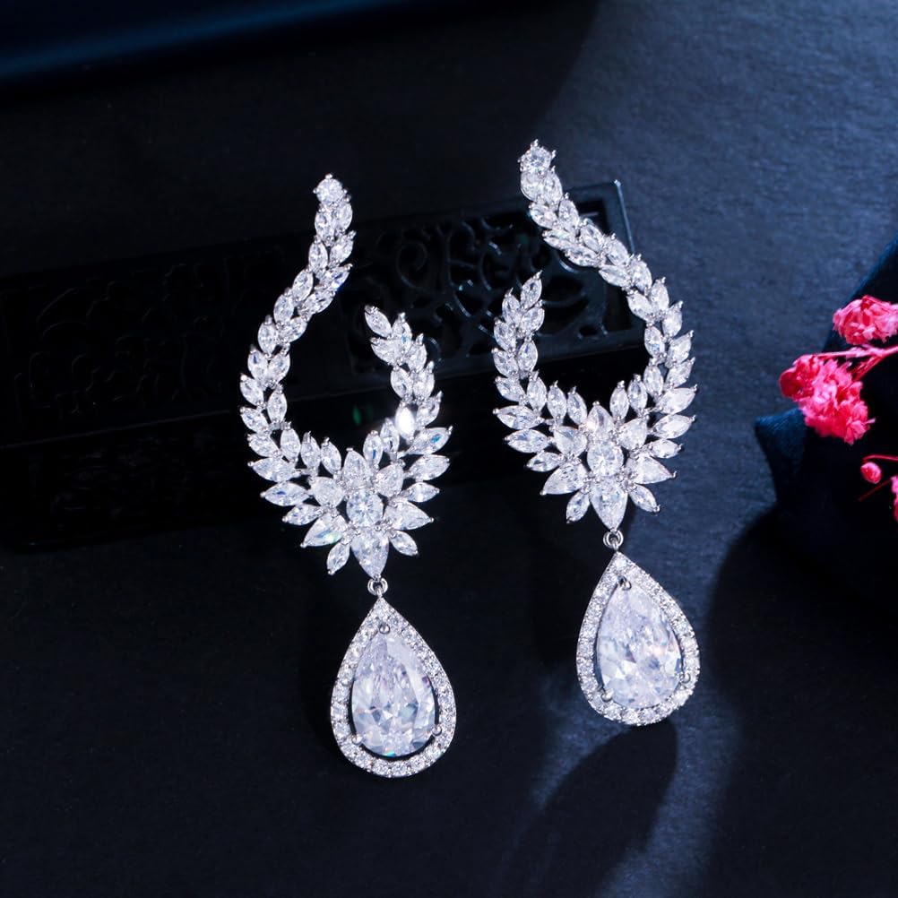 Luxury Long Dangle Water Drop Symmetrical Marquise Cubic Zirconia Wedding Party Earrings For Women Bridal Jewelry - Image 5