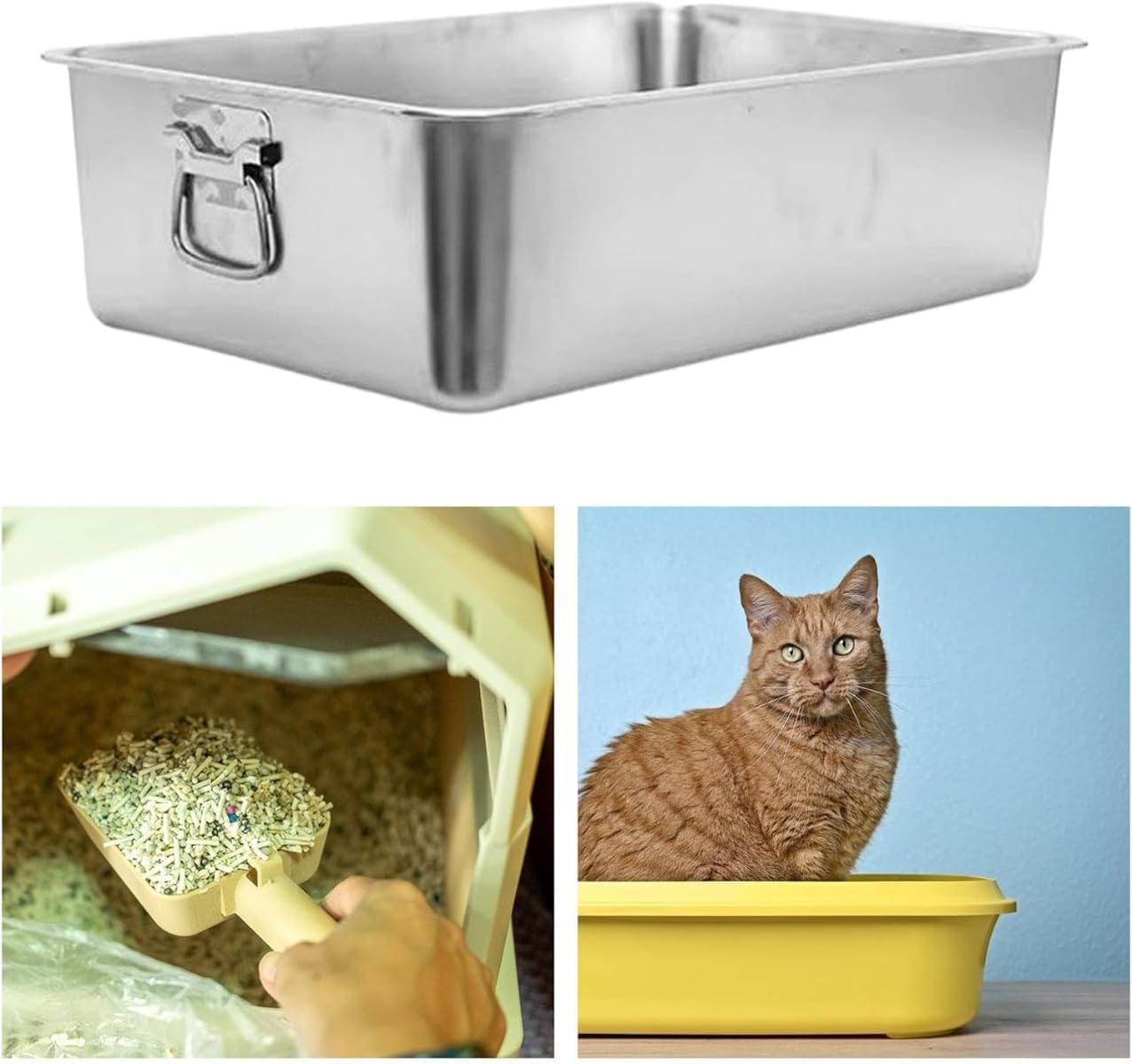 【JAFUA】ステンレス 猫トイレトレイ 大型 オープントップ ハンドル付き 全サイズ対応 O15