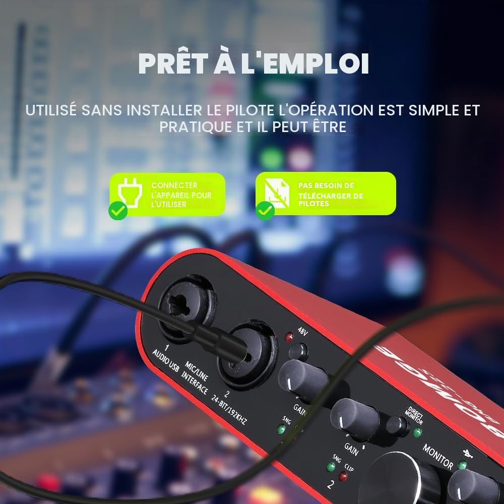 BOMGE Interface audio USB 22S Red avec alimentation fantôme XLR/48 V, haute fidélité, 32 bits/192 kHz, pour mixeur audio de studio, pour guitariste, vocalist, podcaster, producteur, Plug and Play