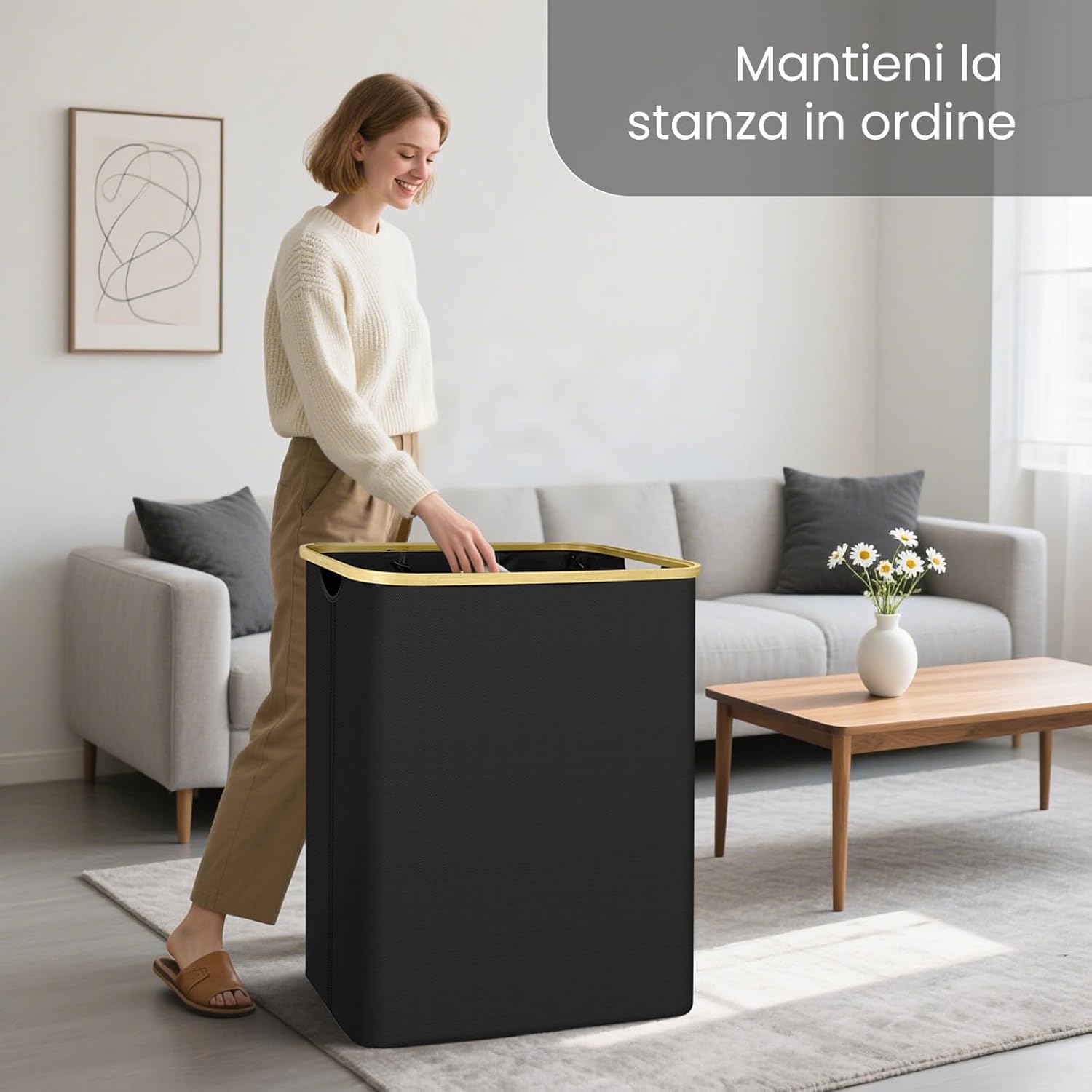 Cesto Portabiancheria 160L con 3 Scomparti e Coperchio, Pieghevole e Salvaspazio, Tessuto Oxford Impermeabile, Sacchetto Estraibile, Manici in Bambù per Lavanderia, Bagno, Camera