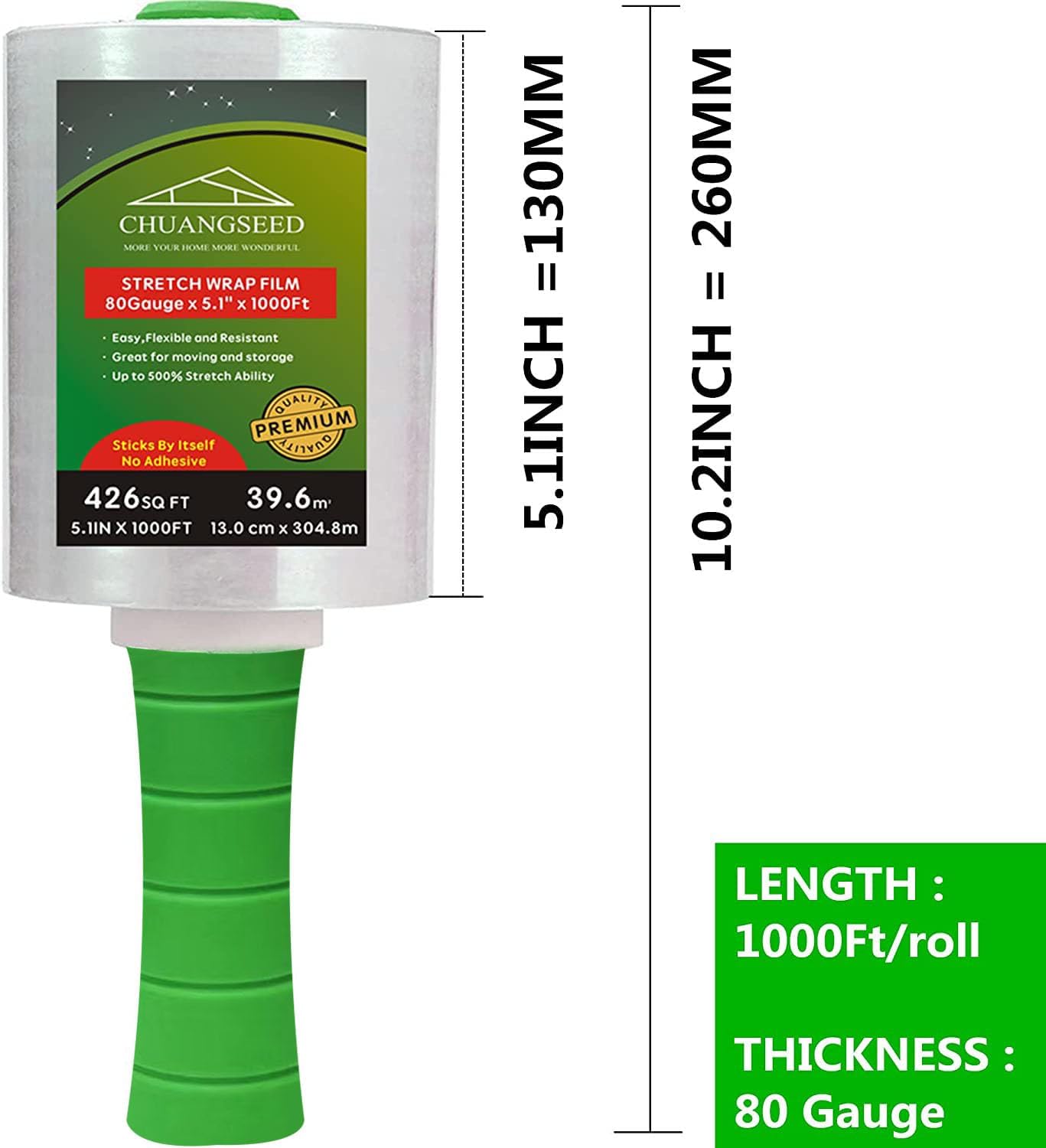 2-Pack Industrial Mini Clear Stretch Wrap Film 80 Gauge 5.1" 1000ft for Pallet Wrap with Plastic Handle,Durable Self-Adhering Packing,Moving,Packaging,Heavy Duty Shrink Film Chuangseed 5.1" x 1000Ft 2-Pack Inches
